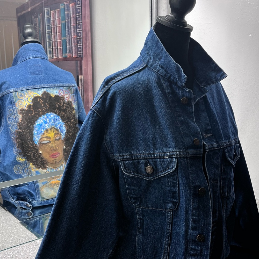 GAP Denim Jacket with Blue and Gold Artistic Design - Picture 3 of 6